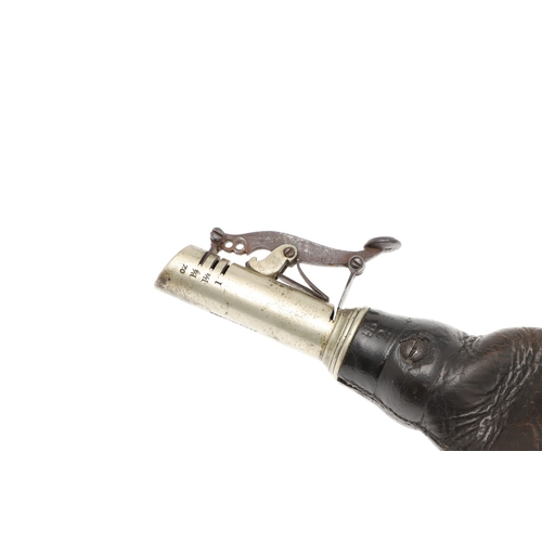 61 - TWO LEATHER BODIED SHOT FLASKS. A leather bodied shot flask decorated with game in a wooded landscap... 