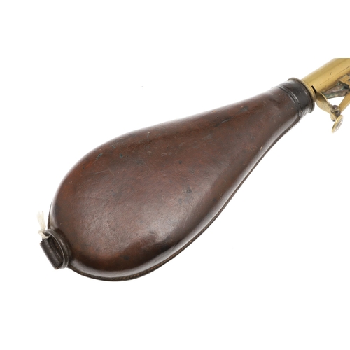 61 - TWO LEATHER BODIED SHOT FLASKS. A leather bodied shot flask decorated with game in a wooded landscap... 