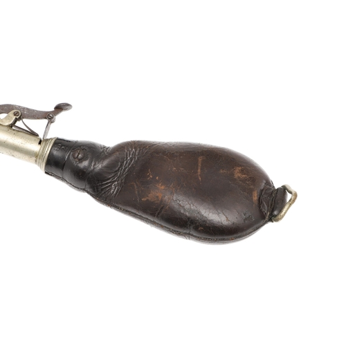 61 - TWO LEATHER BODIED SHOT FLASKS. A leather bodied shot flask decorated with game in a wooded landscap... 