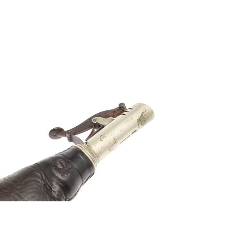 61 - TWO LEATHER BODIED SHOT FLASKS. A leather bodied shot flask decorated with game in a wooded landscap... 