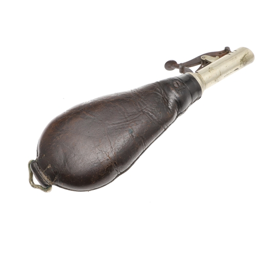 61 - TWO LEATHER BODIED SHOT FLASKS. A leather bodied shot flask decorated with game in a wooded landscap... 