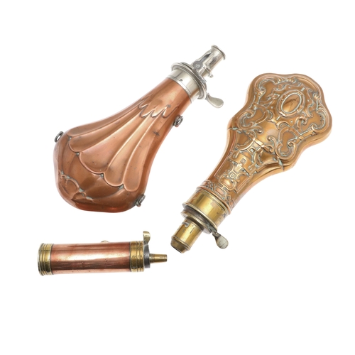 62 - A COPPER BODIED POWDER FLASK BY JAMES DIXON AND SONS AND TWO OTHERS. A powder flask with plated moun... 