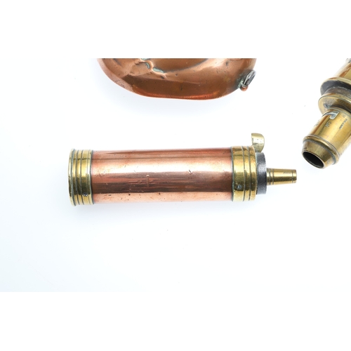 62 - A COPPER BODIED POWDER FLASK BY JAMES DIXON AND SONS AND TWO OTHERS. A powder flask with plated moun... 