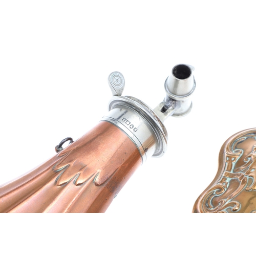 62 - A COPPER BODIED POWDER FLASK BY JAMES DIXON AND SONS AND TWO OTHERS. A powder flask with plated moun... 