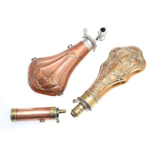 62 - A COPPER BODIED POWDER FLASK BY JAMES DIXON AND SONS AND TWO OTHERS. A powder flask with plated moun... 