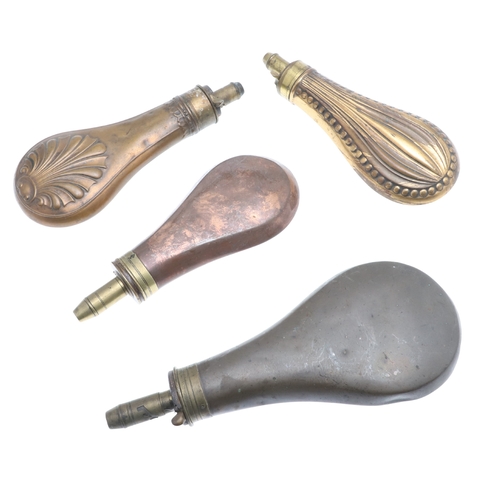 63 - A COLLECTION OF FOUR 19TH CENTURY BRASS MOUNTED COPPER POWDER FLASKS. A collection of four powder fl... 