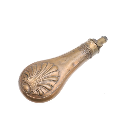 63 - A COLLECTION OF FOUR 19TH CENTURY BRASS MOUNTED COPPER POWDER FLASKS. A collection of four powder fl... 
