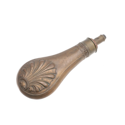 63 - A COLLECTION OF FOUR 19TH CENTURY BRASS MOUNTED COPPER POWDER FLASKS. A collection of four powder fl... 