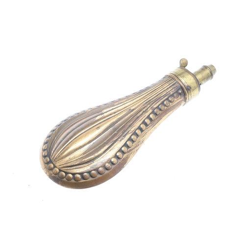 63 - A COLLECTION OF FOUR 19TH CENTURY BRASS MOUNTED COPPER POWDER FLASKS. A collection of four powder fl... 