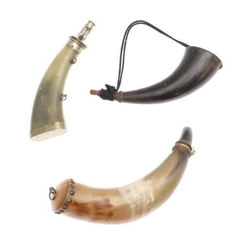 64 - A FINE HORN BODIED POWDER FLASK WITH PLATED MOUNTS AND TWO SIMILAR. A fine horn bodied powder flask ... 