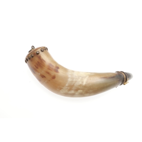 64 - A FINE HORN BODIED POWDER FLASK WITH PLATED MOUNTS AND TWO SIMILAR. A fine horn bodied powder flask ... 