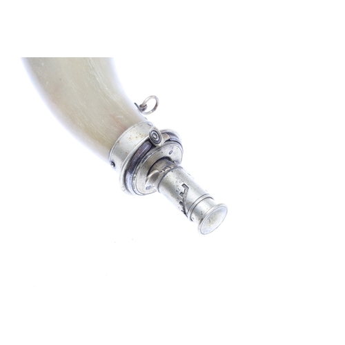 64 - A FINE HORN BODIED POWDER FLASK WITH PLATED MOUNTS AND TWO SIMILAR. A fine horn bodied powder flask ... 