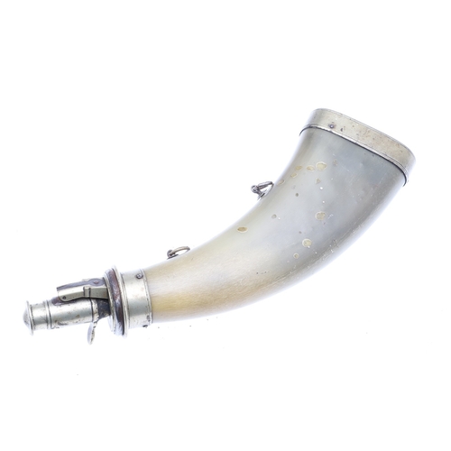 64 - A FINE HORN BODIED POWDER FLASK WITH PLATED MOUNTS AND TWO SIMILAR. A fine horn bodied powder flask ... 