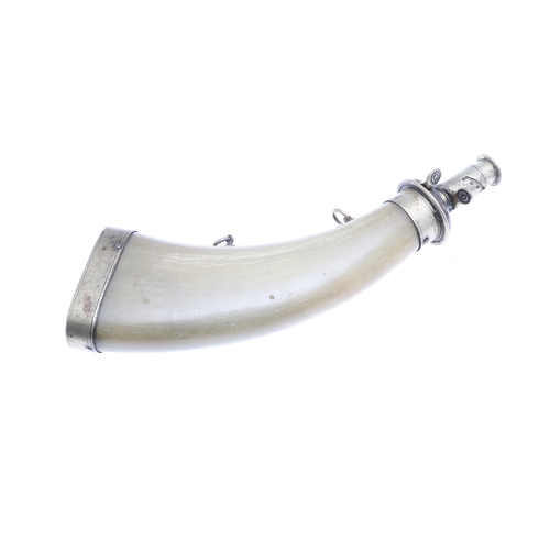 64 - A FINE HORN BODIED POWDER FLASK WITH PLATED MOUNTS AND TWO SIMILAR. A fine horn bodied powder flask ... 