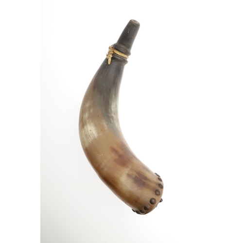 64 - A FINE HORN BODIED POWDER FLASK WITH PLATED MOUNTS AND TWO SIMILAR. A fine horn bodied powder flask ... 