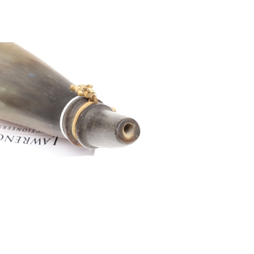 64 - A FINE HORN BODIED POWDER FLASK WITH PLATED MOUNTS AND TWO SIMILAR. A fine horn bodied powder flask ... 
