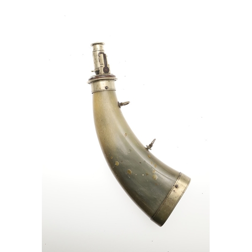 64 - A FINE HORN BODIED POWDER FLASK WITH PLATED MOUNTS AND TWO SIMILAR. A fine horn bodied powder flask ... 