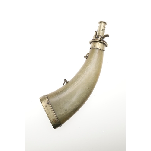 64 - A FINE HORN BODIED POWDER FLASK WITH PLATED MOUNTS AND TWO SIMILAR. A fine horn bodied powder flask ... 