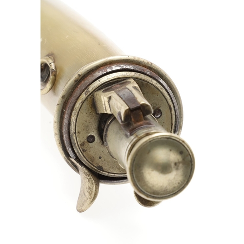 64 - A FINE HORN BODIED POWDER FLASK WITH PLATED MOUNTS AND TWO SIMILAR. A fine horn bodied powder flask ... 