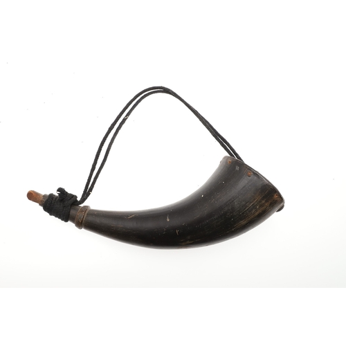 64 - A FINE HORN BODIED POWDER FLASK WITH PLATED MOUNTS AND TWO SIMILAR. A fine horn bodied powder flask ... 
