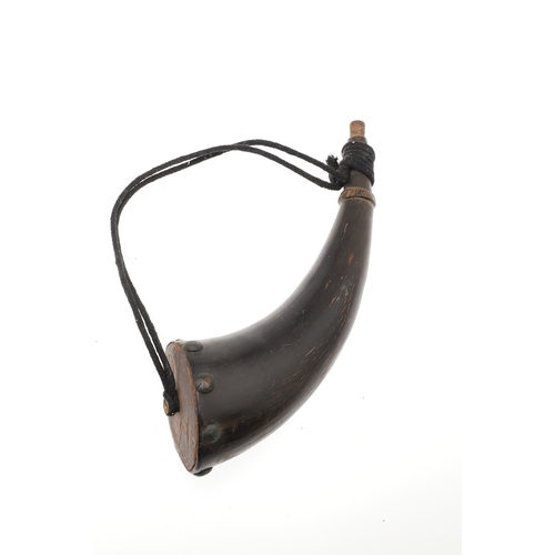 64 - A FINE HORN BODIED POWDER FLASK WITH PLATED MOUNTS AND TWO SIMILAR. A fine horn bodied powder flask ... 