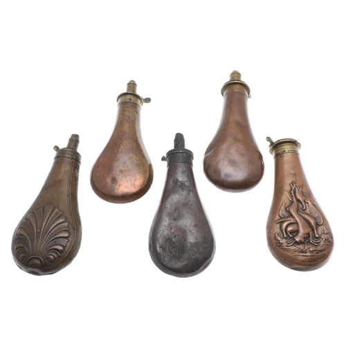 66 - A COLLECTION OF FIVE COPPER BODIED POWDER FLASKS. A mixed collection of copper bodied powder flasks ... 