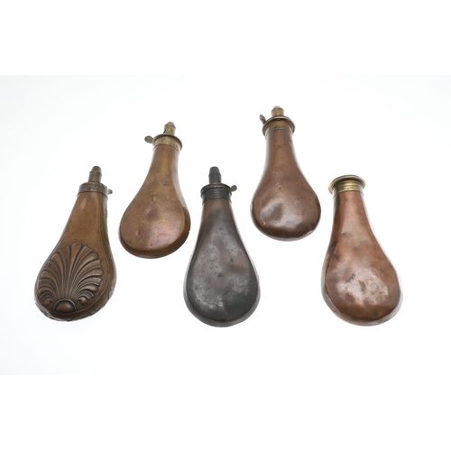 66 - A COLLECTION OF FIVE COPPER BODIED POWDER FLASKS. A mixed collection of copper bodied powder flasks ... 