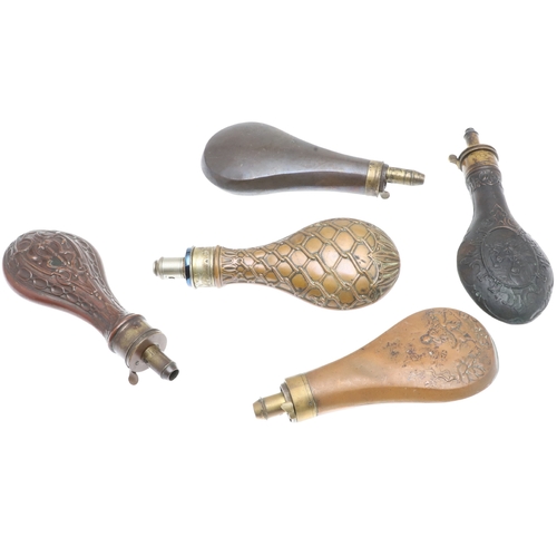 67 - A COLLECTION OF FIVE 19TH CENTURY AND LATER POWDER FLASKS. A collection of five powder flasks, one w... 
