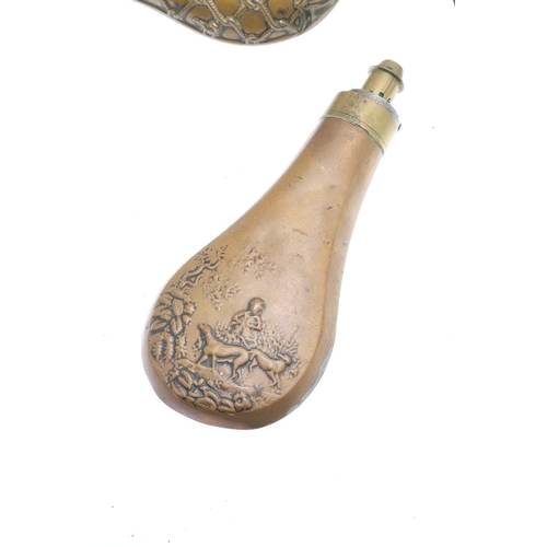 67 - A COLLECTION OF FIVE 19TH CENTURY AND LATER POWDER FLASKS. A collection of five powder flasks, one w... 