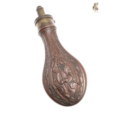 67 - A COLLECTION OF FIVE 19TH CENTURY AND LATER POWDER FLASKS. A collection of five powder flasks, one w... 