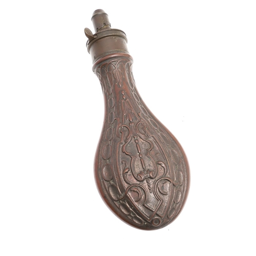 67 - A COLLECTION OF FIVE 19TH CENTURY AND LATER POWDER FLASKS. A collection of five powder flasks, one w... 