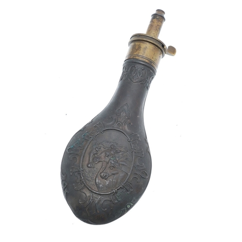 67 - A COLLECTION OF FIVE 19TH CENTURY AND LATER POWDER FLASKS. A collection of five powder flasks, one w... 