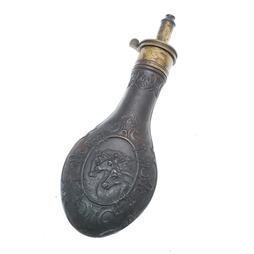 67 - A COLLECTION OF FIVE 19TH CENTURY AND LATER POWDER FLASKS. A collection of five powder flasks, one w... 