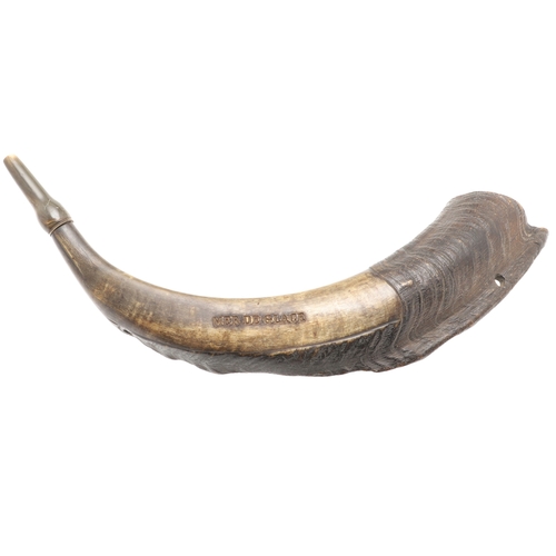 69 - AN INTERESTING 'MER DE GLACE' POWDER HORN. A powder horn made from the horn of a large male Ibex, st... 