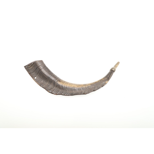 69 - AN INTERESTING 'MER DE GLACE' POWDER HORN. A powder horn made from the horn of a large male Ibex, st... 