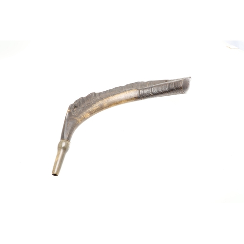 69 - AN INTERESTING 'MER DE GLACE' POWDER HORN. A powder horn made from the horn of a large male Ibex, st... 