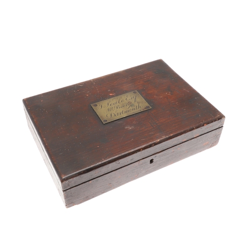 72 - AN 18TH CENTURY PISTOL BOX NAMED FOR J. SEALE ESQ, MT. BOONE DARTMOUTH'. A stained pine pistol box w... 