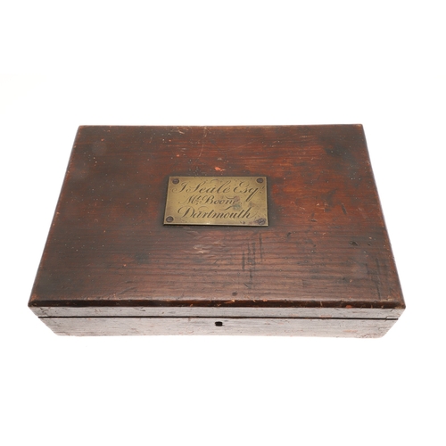 72 - AN 18TH CENTURY PISTOL BOX NAMED FOR J. SEALE ESQ, MT. BOONE DARTMOUTH'. A stained pine pistol box w... 