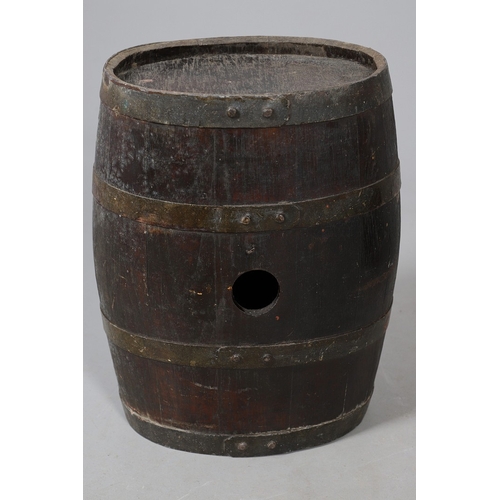 73 - A COLLECTION OF POWDER OR SIMILAR BARRELS AND A BRASS MOUNTED POWDER FLASK. A collection of bound ba... 