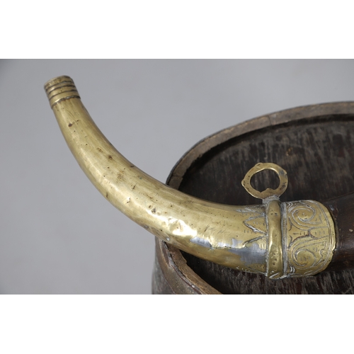 73 - A COLLECTION OF POWDER OR SIMILAR BARRELS AND A BRASS MOUNTED POWDER FLASK. A collection of bound ba... 