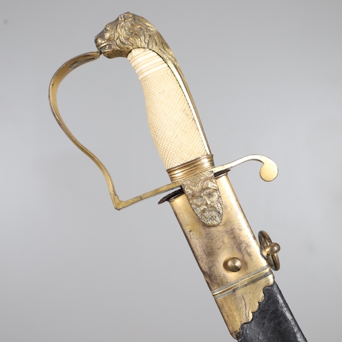 81 - A GEORGE III NAVAL OFFICER'S SWORD AND SCABBARD BY DRURY OF LONDON. The 82 cm broad curved blade wit... 