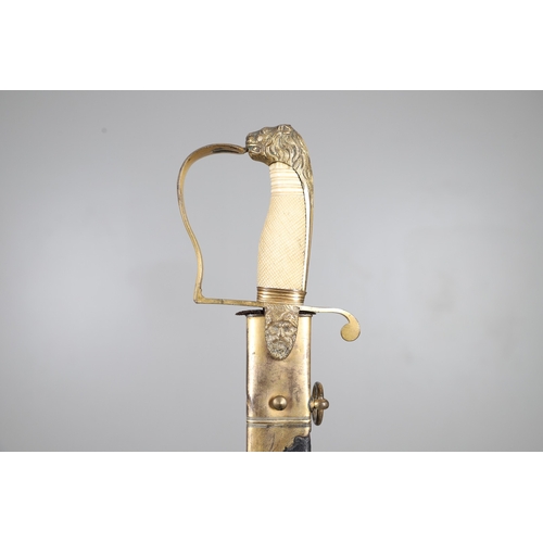 81 - A GEORGE III NAVAL OFFICER'S SWORD AND SCABBARD BY DRURY OF LONDON. The 82 cm broad curved blade wit... 