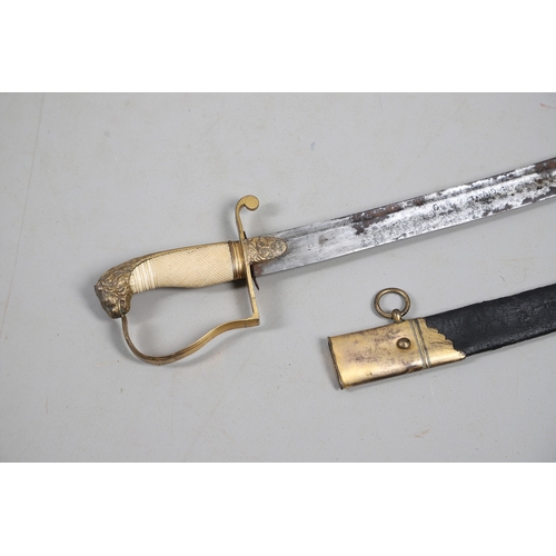 81 - A GEORGE III NAVAL OFFICER'S SWORD AND SCABBARD BY DRURY OF LONDON. The 82 cm broad curved blade wit... 