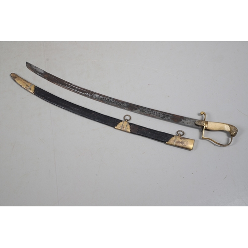 81 - A GEORGE III NAVAL OFFICER'S SWORD AND SCABBARD BY DRURY OF LONDON. The 82 cm broad curved blade wit... 