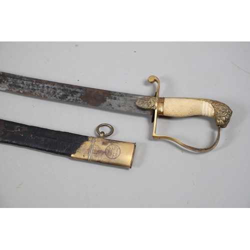 81 - A GEORGE III NAVAL OFFICER'S SWORD AND SCABBARD BY DRURY OF LONDON. The 82 cm broad curved blade wit... 