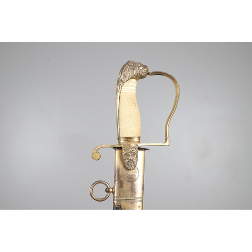 81 - A GEORGE III NAVAL OFFICER'S SWORD AND SCABBARD BY DRURY OF LONDON. The 82 cm broad curved blade wit... 