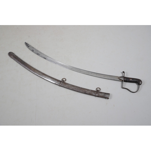 82 - A 1796 LIGHT CAVALRY OFFICER'S SWORD AND SCABBARD. With a broad 82 cm curved, single edged, pointed ... 
