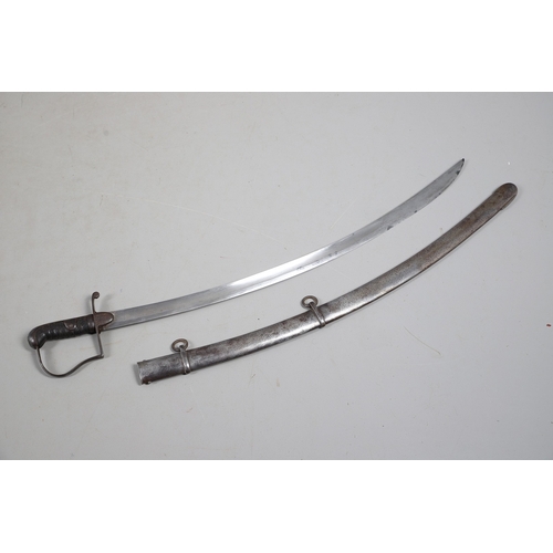 82 - A 1796 LIGHT CAVALRY OFFICER'S SWORD AND SCABBARD. With a broad 82 cm curved, single edged, pointed ... 