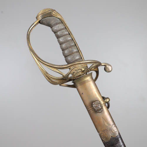 92 - A GEORGE IV 1822 PATTERN INFANTRY OFFICER'S SWORD AND SCABBARD. The 77.5 cm pipe-backed, spear-point... 