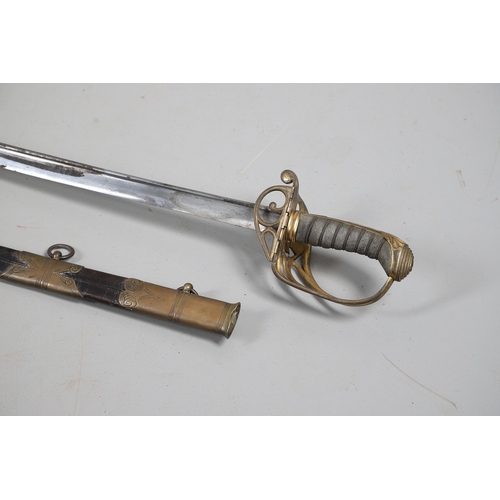 92 - A GEORGE IV 1822 PATTERN INFANTRY OFFICER'S SWORD AND SCABBARD. The 77.5 cm pipe-backed, spear-point... 